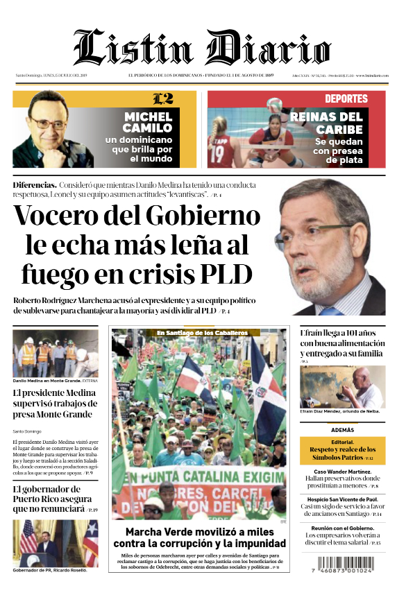 Portada Periódico Listín Diario, Lunes 15 de Julio, 2019