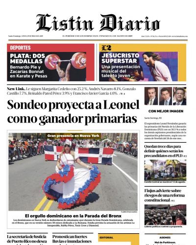 Portada Periódico Listín Diario, Lunes 29 de Julio, 2019