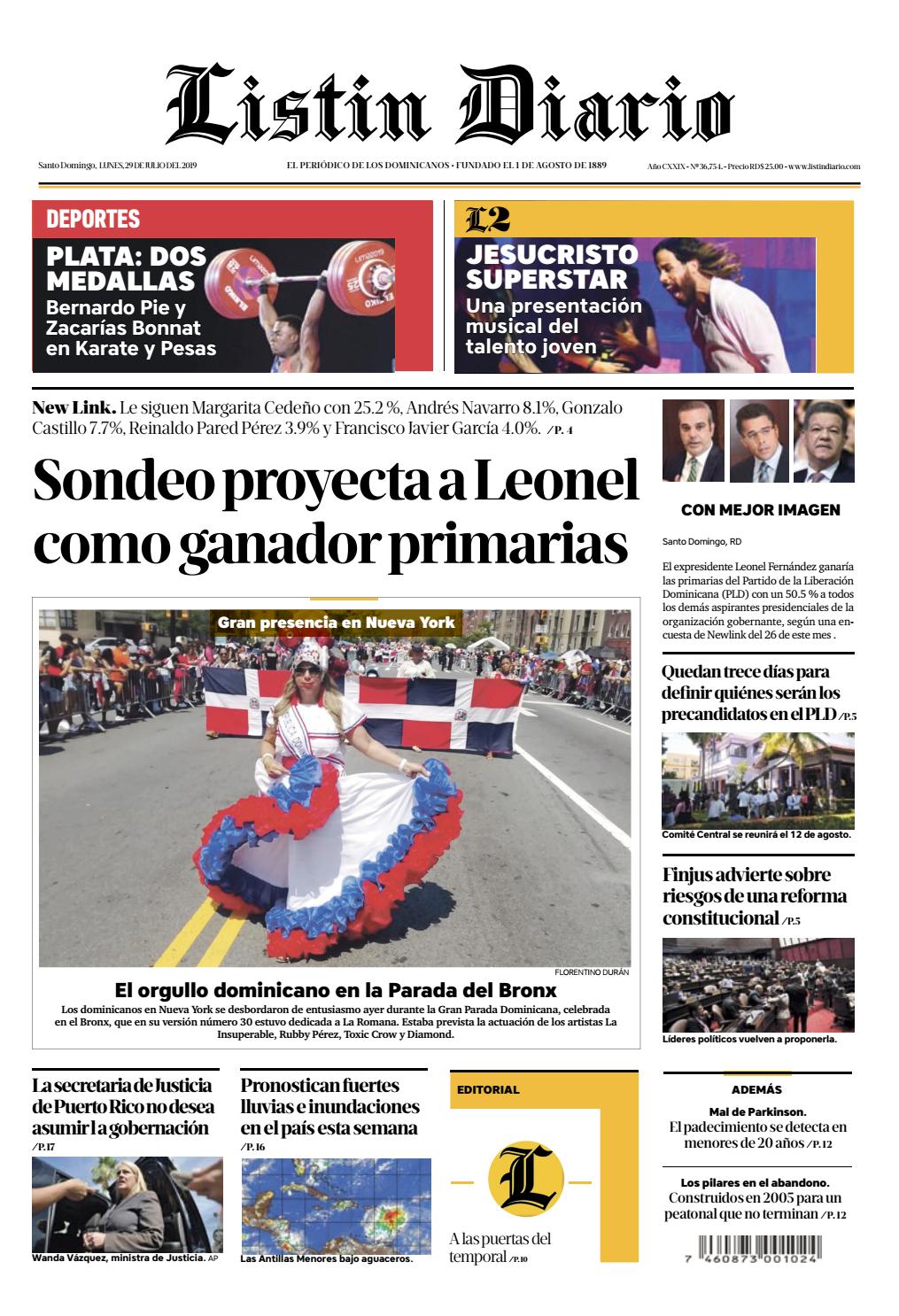 Portada Periódico Listín Diario, Lunes 29 de Julio, 2019