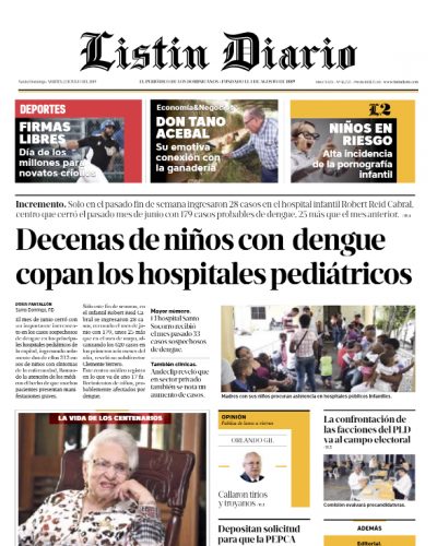 Portada Periódico Listín Diario, Martes 02 de Julio, 2019