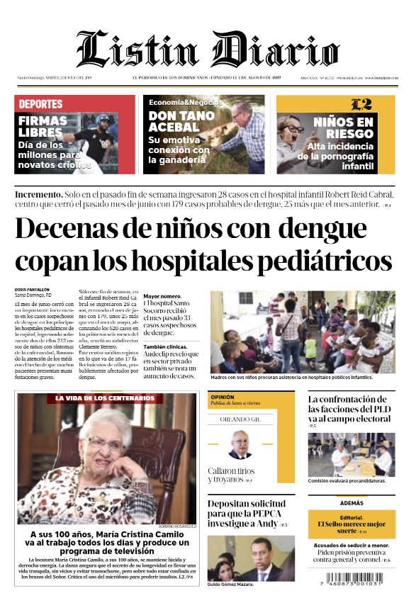 Portada Periódico Listín Diario, Martes 02 de Julio, 2019