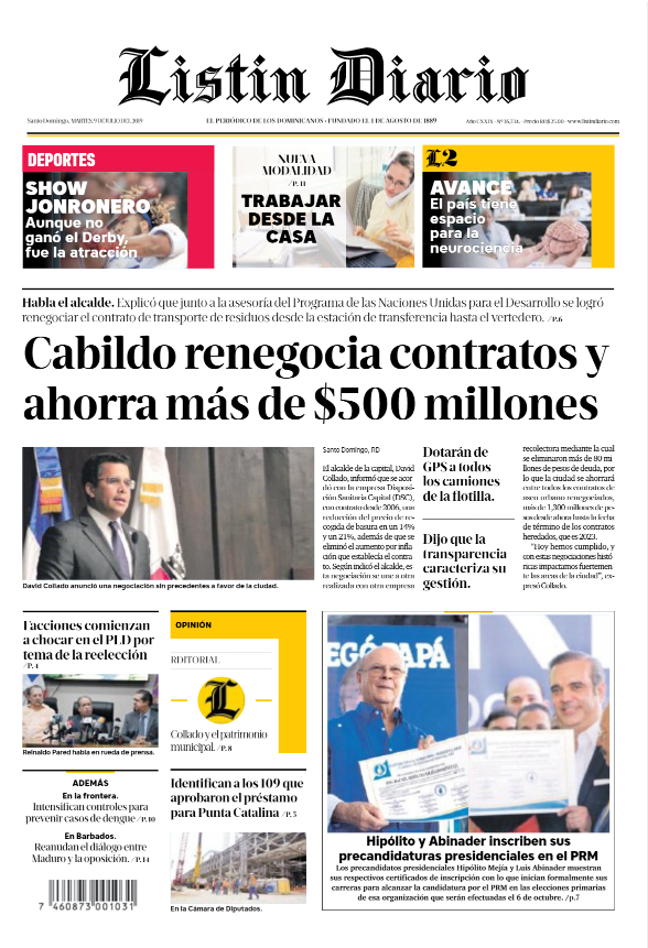 Portada Periódico Listín Diario, Martes 09 de Julio, 2019