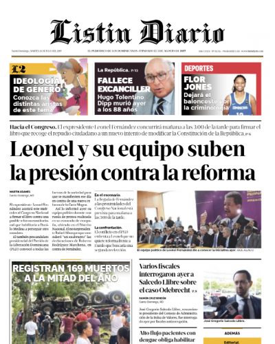 Portada Periódico Listín Diario, Martes 16 de Julio, 2019