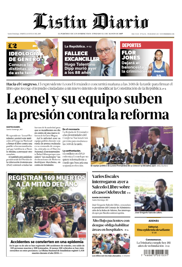 Portada Periódico Listín Diario, Martes 16 de Julio, 2019