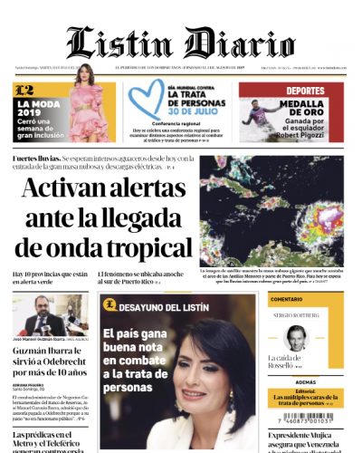 Portada Periódico Listín Diario, Martes 30 de Julio, 2019