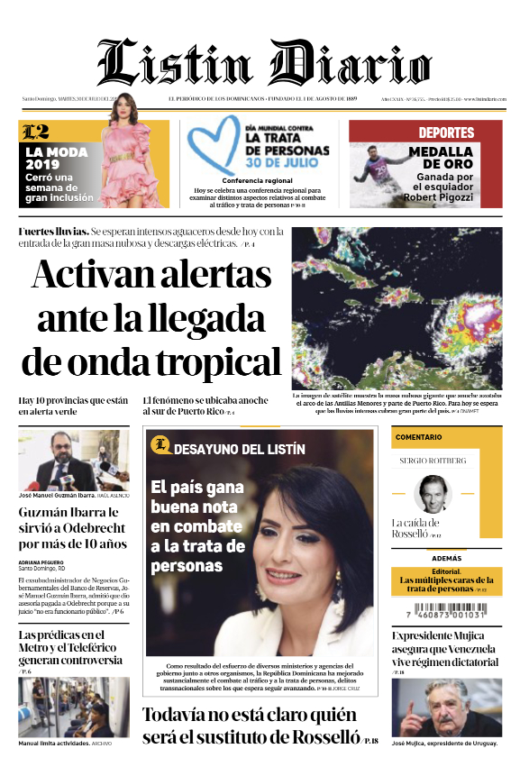 Portada Periódico Listín Diario, Martes 30 de Julio, 2019