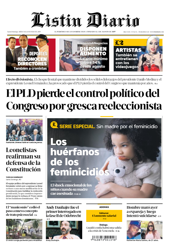 Portada Periódico Listín Diario, Miércoles 10 de Julio, 2019