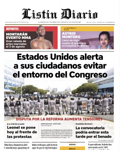 Portada Periódico Listín Diario, Miércoles 17 de Julio, 2019