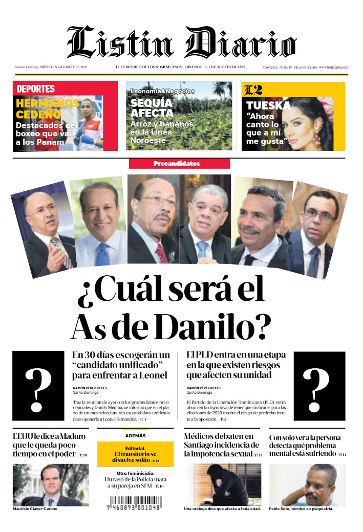 Portada Periódico Listín Diario, Miércoles 24 de Julio, 2019