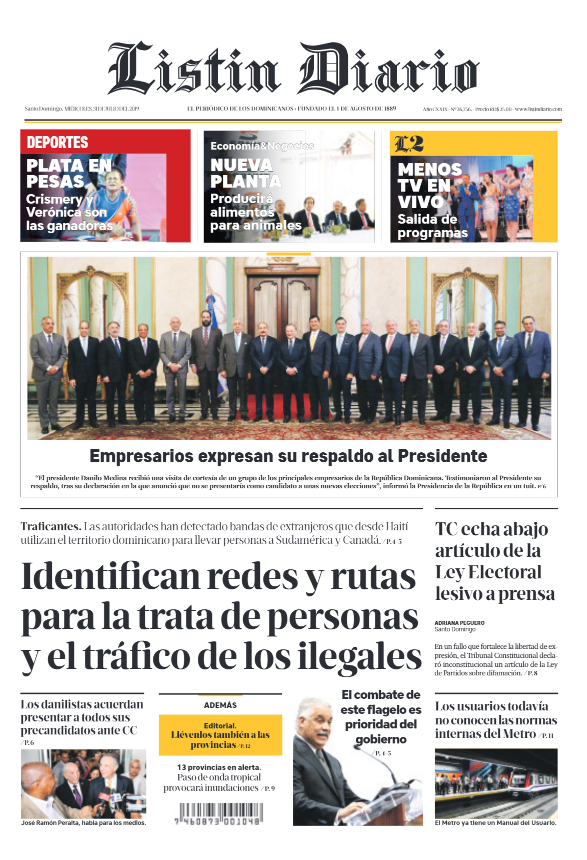 Portada Periódico Listín Diario, Miércoles 31 de Julio, 2019