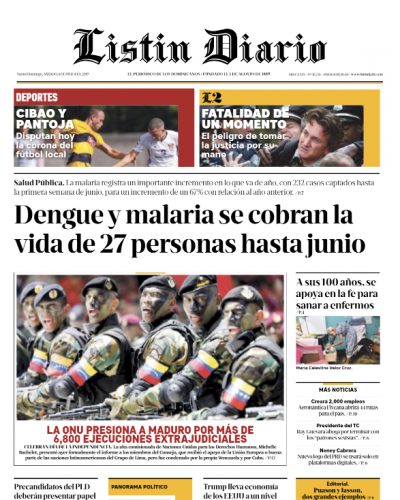 Portada Periódico Listín Diario, Sábado 06 de Julio, 2019