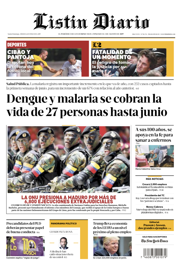 Portada Periódico Listín Diario, Sábado 06 de Julio, 2019