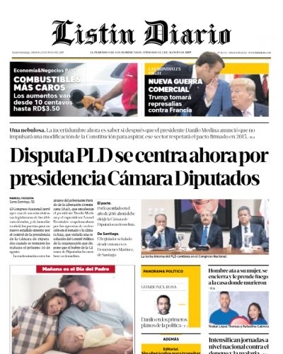 Portada Periódico Listín Diario, Sábado 27 de Julio, 2019