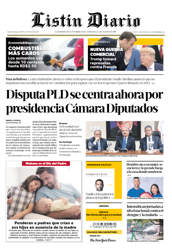 Portada Periódico Listín Diario, Sábado 27 de Julio, 2019