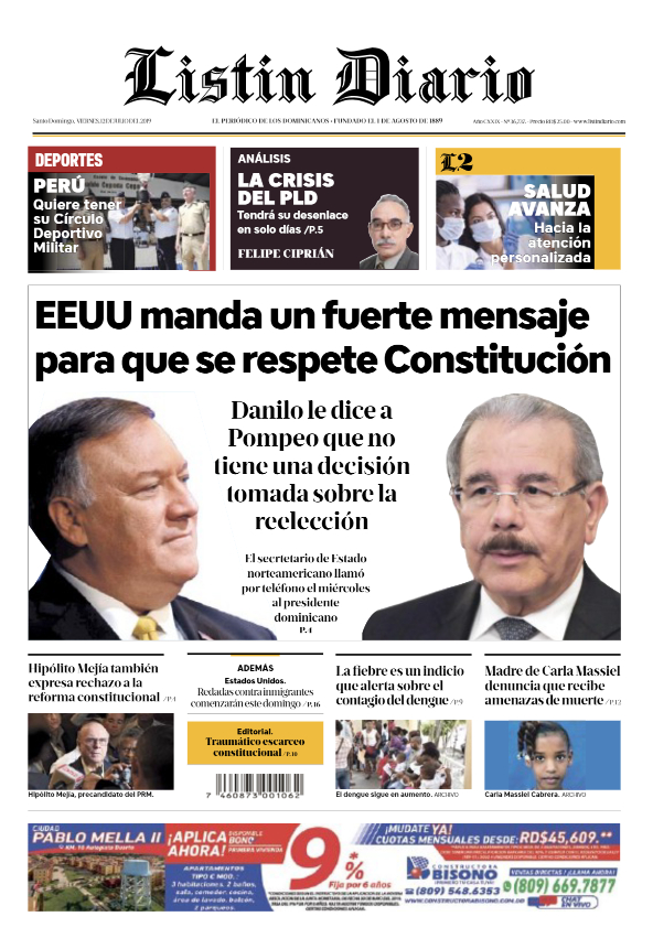 Portada Periódico Listín Diario, Viernes 12 de Julio, 2019