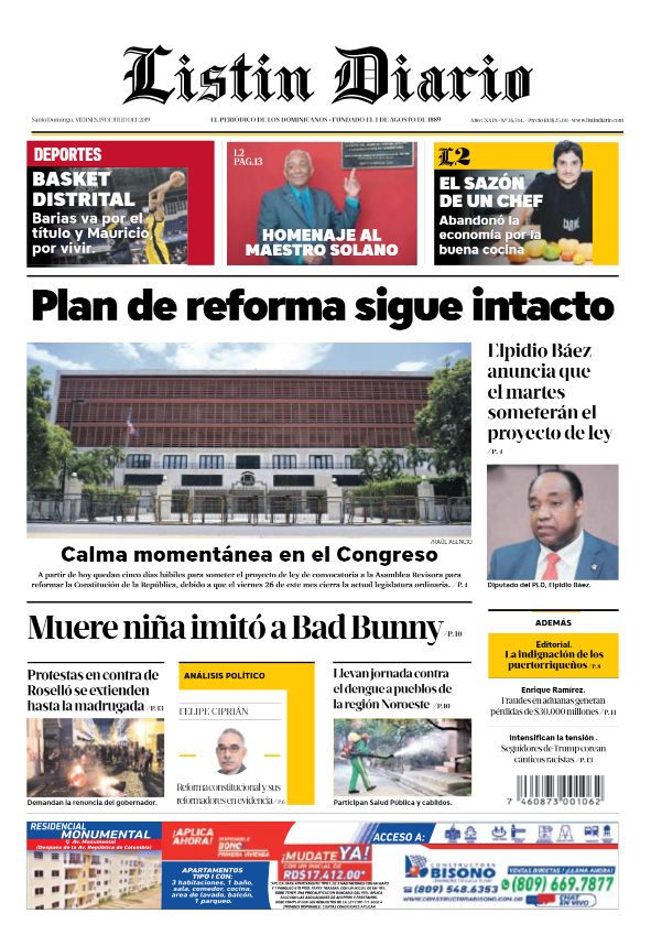 Portada Periódico Listín Diario, Viernes 19 de Julio, 2019