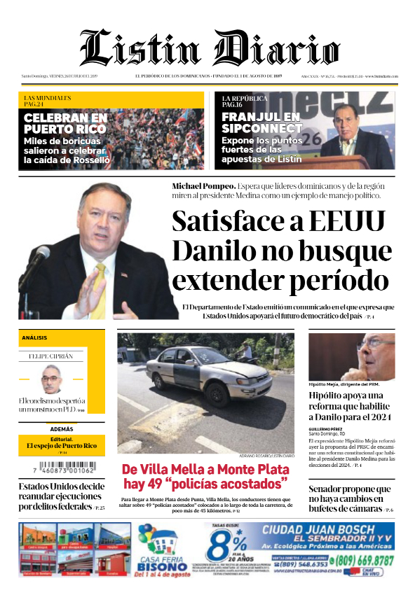 Portada Periódico Listín Diario, Viernes 26 de Julio, 2019