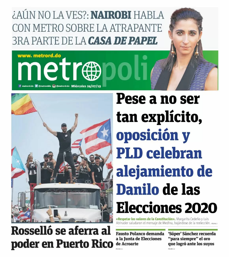 Portada Periódico Metro, Miércoles 24 de Julio, 2019