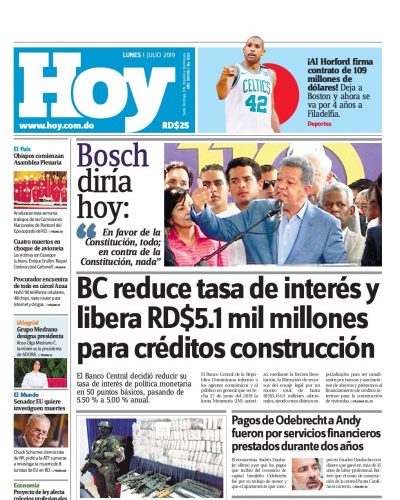 Portada Periódico Periódico Hoy, Lunes 01 de Julio, 2019