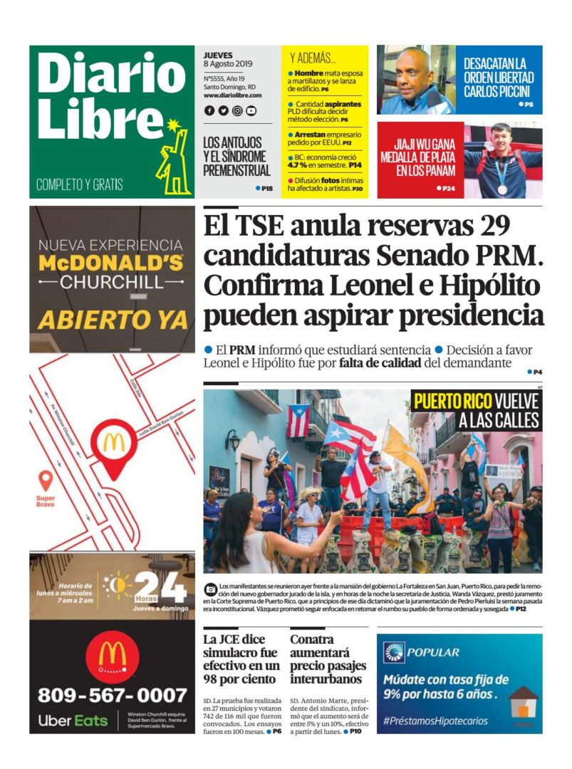 Portada Periódico Diario Libre, Jueves 08 de Agosto, 2019
