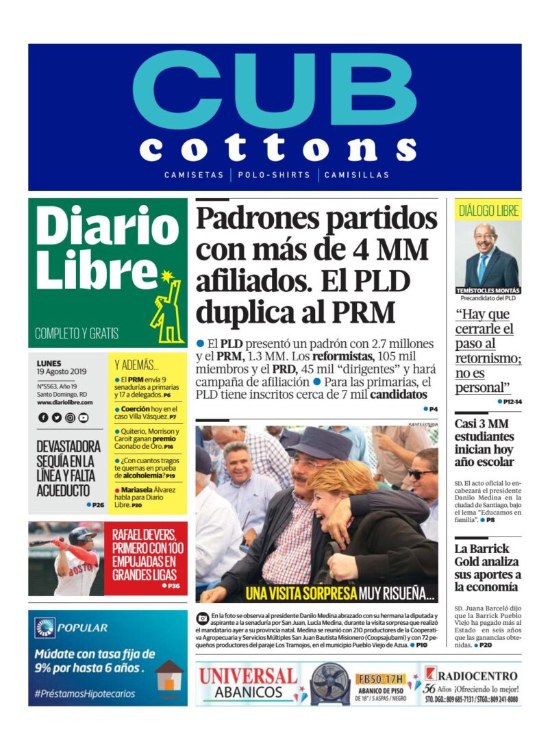Portada Periódico Diario Libre, Lunes 19 de Agosto, 2019