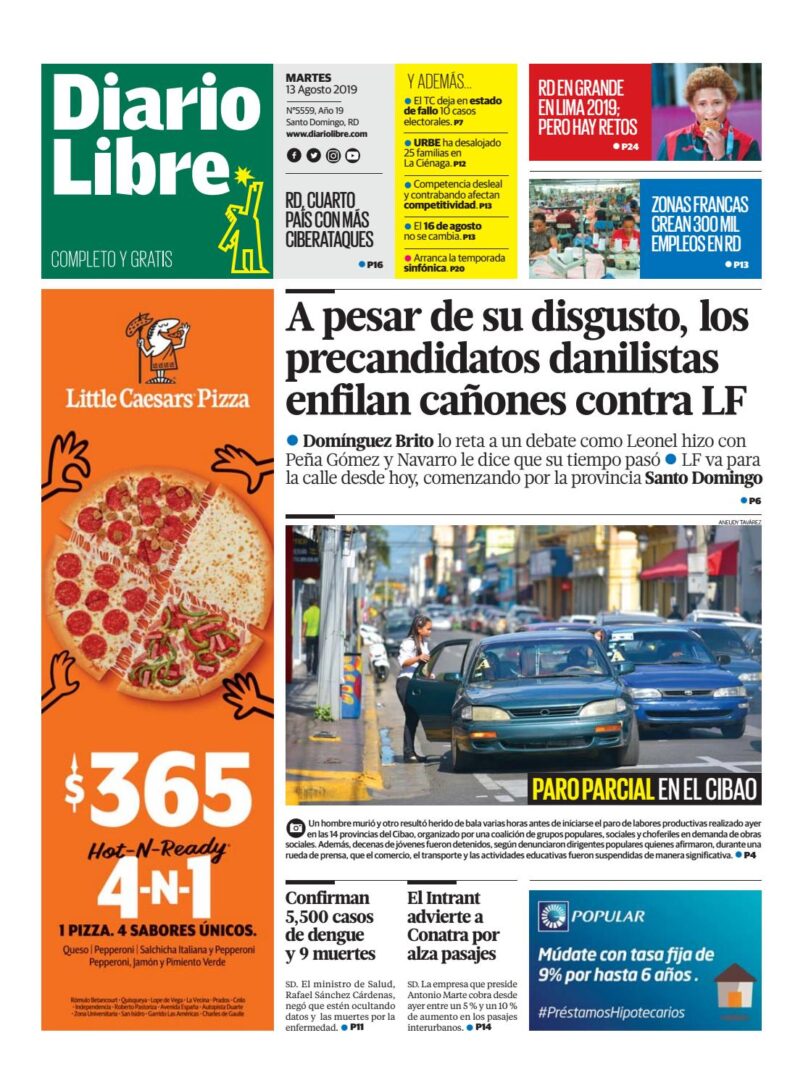 Portada Periódico Diario Libre, Martes 13 de Agosto, 2019
