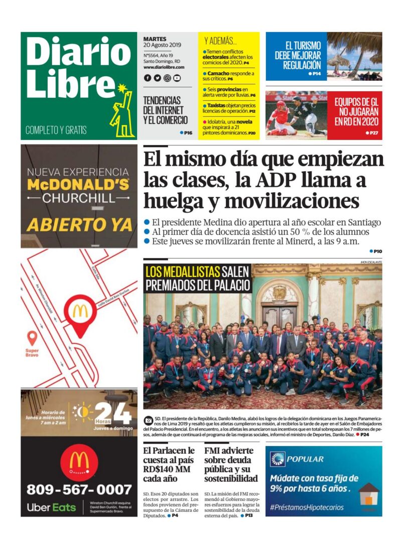 Portada Periódico Diario Libre, Martes 20 de Agosto, 2019