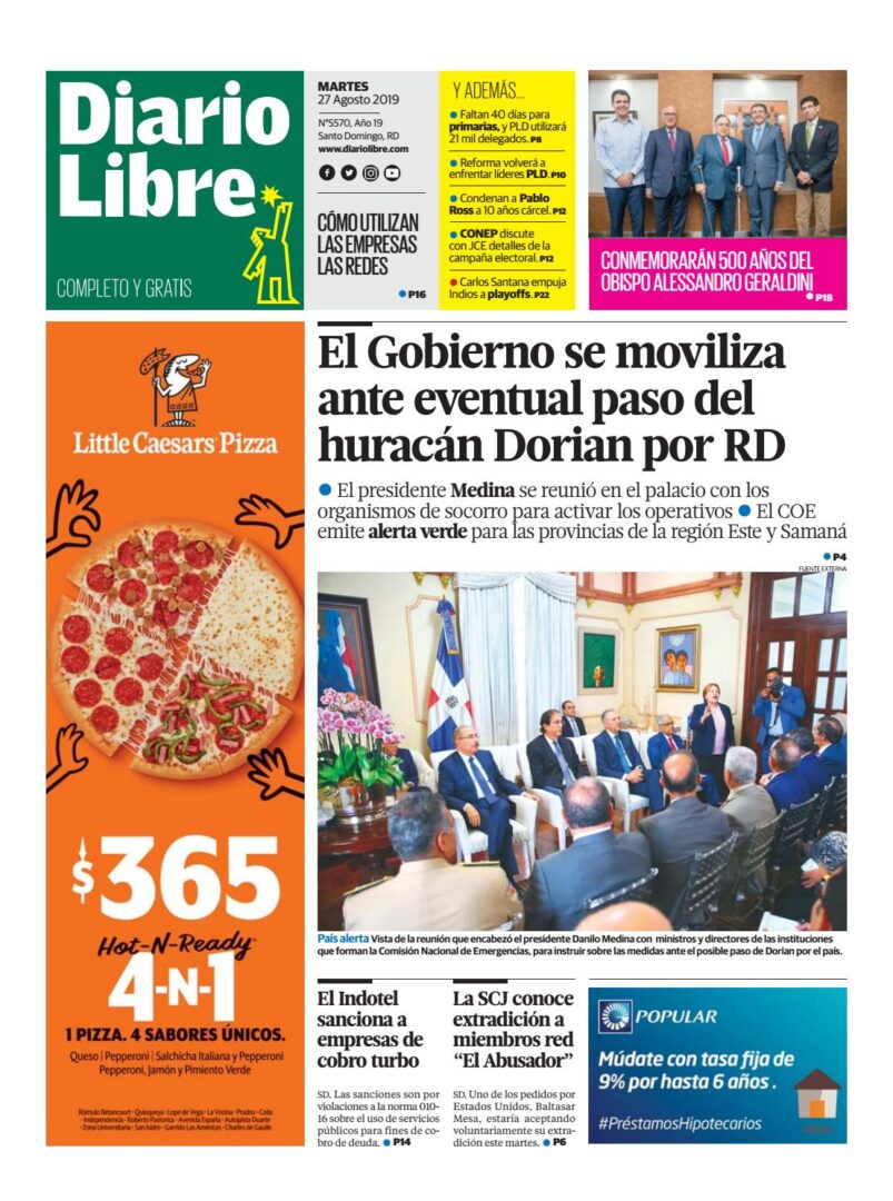 Portada Periódico Diario Libre, Martes 27 de Agosto, 2019