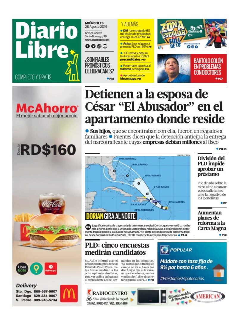 Portada Periódico Diario Libre, Miércoles 28 de Agosto, 2019