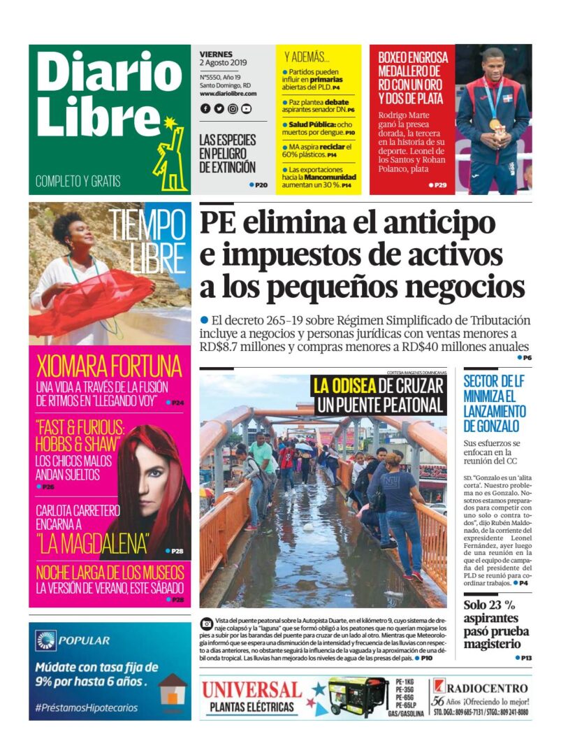 Portada Periódico Diario Libre, Viernes 02 de Agosto, 2019