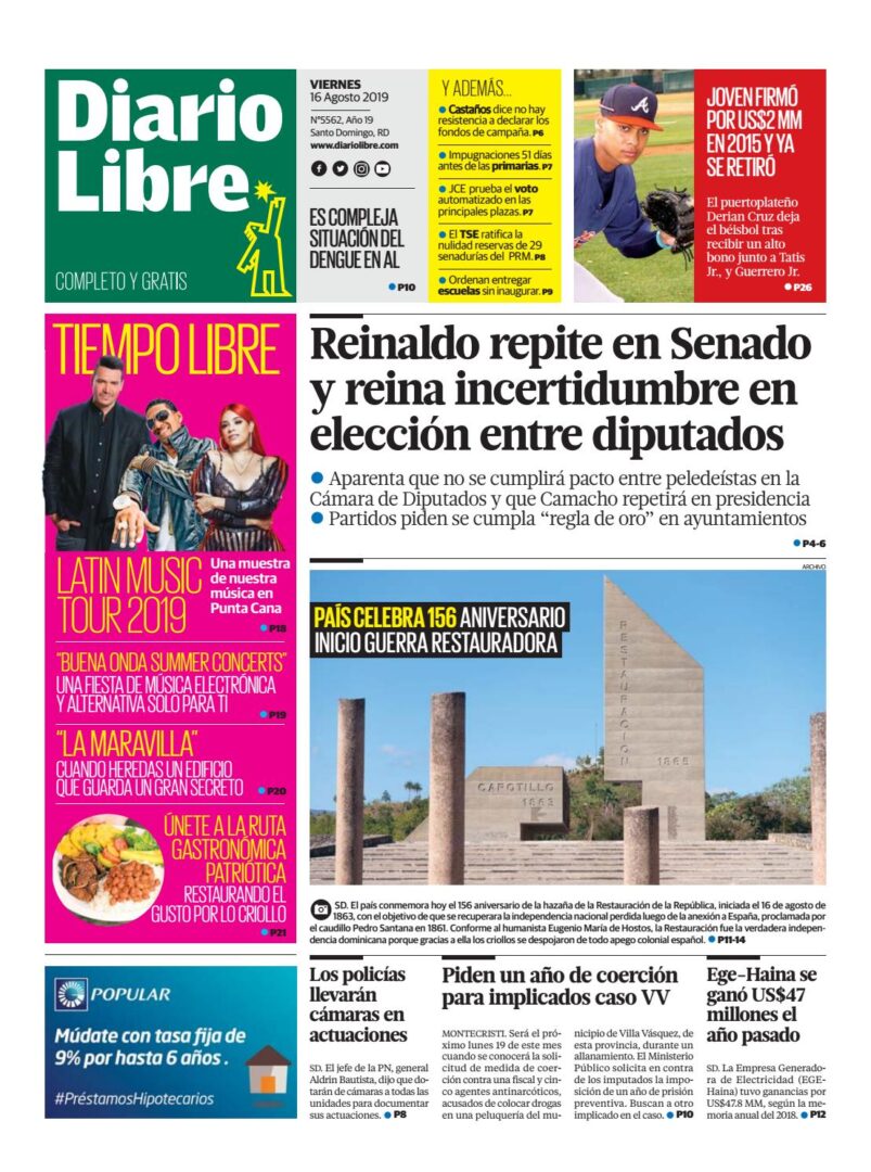 Portada Periódico Diario Libre, Viernes 16 de Agosto, 2019