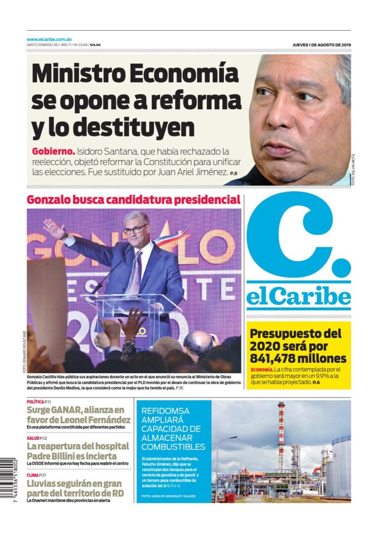 Portada Periódico El Caribe, Jueves 01 de Agosto, 2019