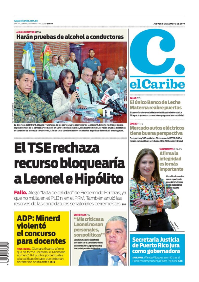 Portada Periódico El Caribe, Jueves 08 de Agosto, 2019