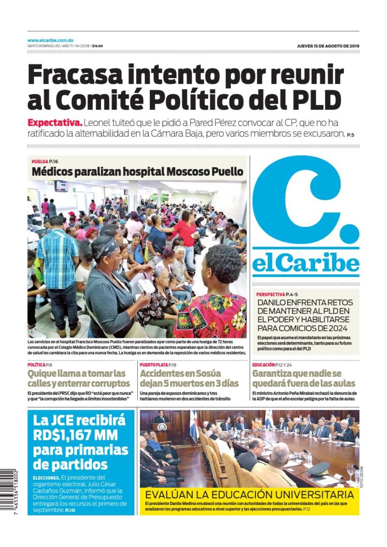 Portada Periódico El Caribe, Jueves 15 de Agosto, 2019