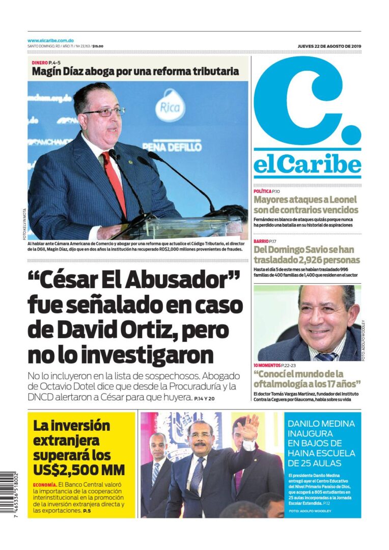 Portada Periódico El Caribe, Jueves 22 de Agosto, 2019