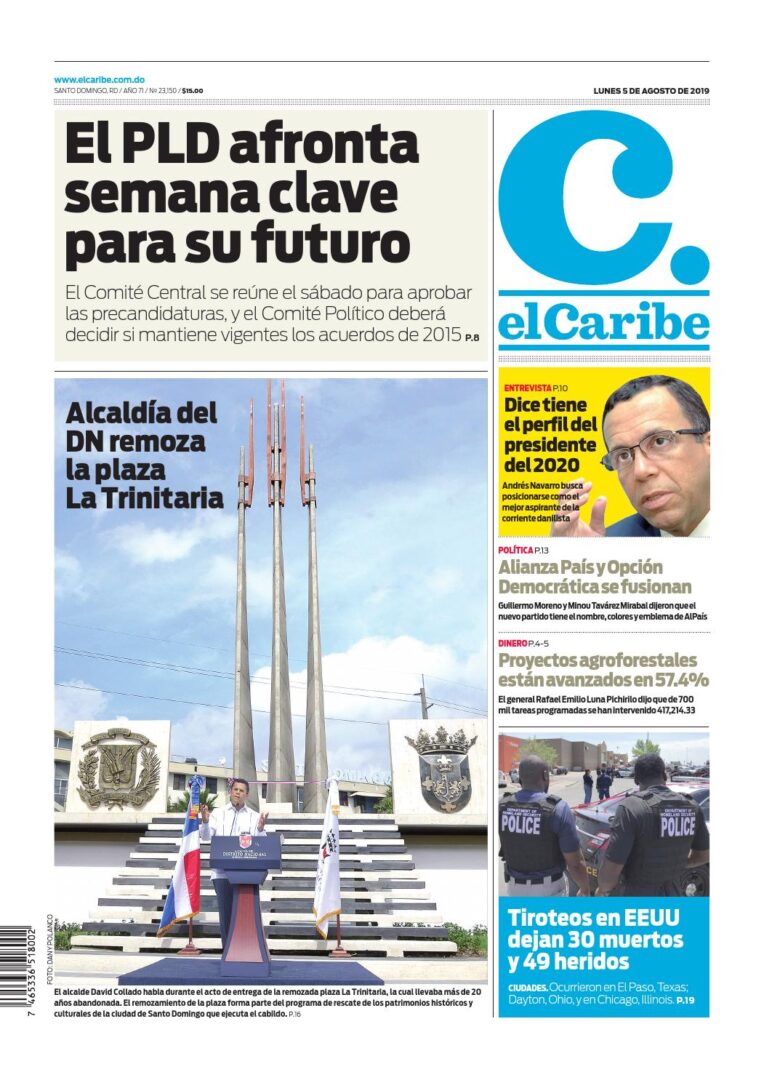 Portada Periódico El Caribe, Lunes 05 de Agosto, 2019