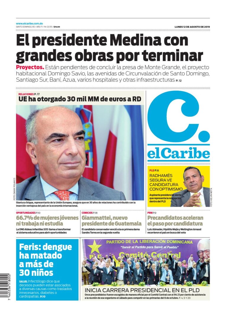 Portada Periódico El Caribe, Lunes 12 de Agosto, 2019