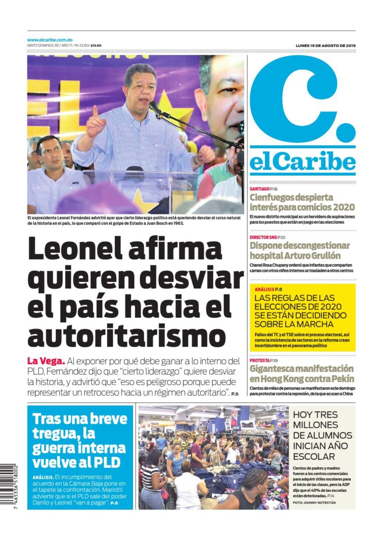 Portada Periódico El Caribe, Lunes 19 de Agosto, 2019