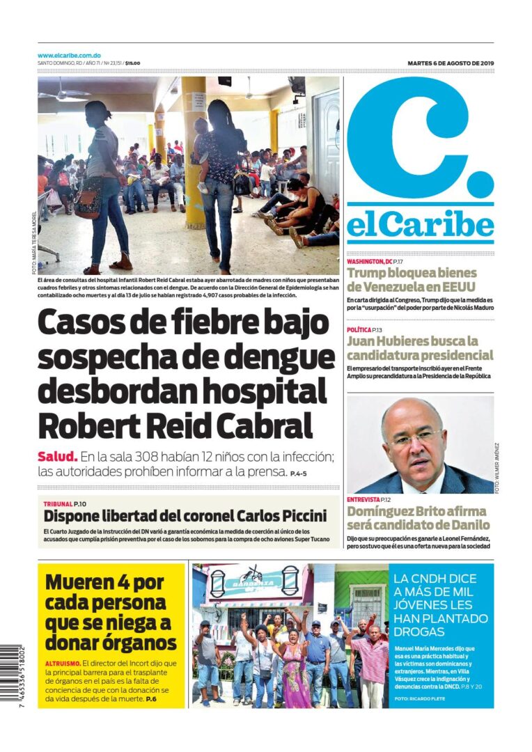 Portada Periódico El Caribe, Martes 06 de Agosto, 2019