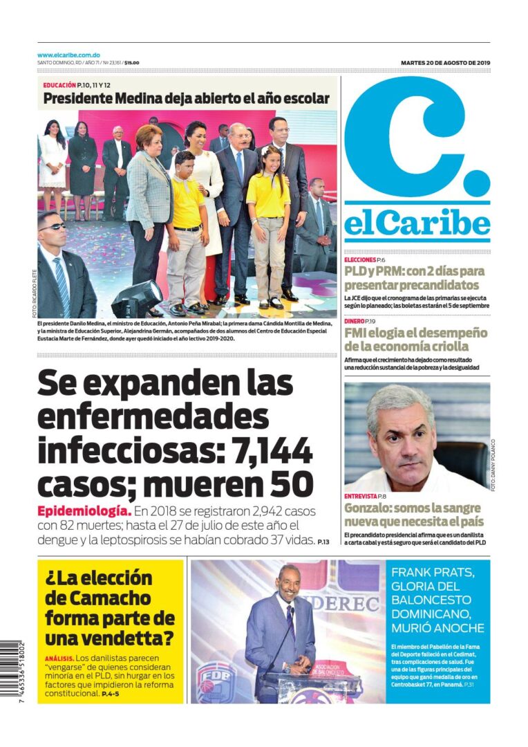Portada Periódico El Caribe, Martes 20 de Agosto, 2019