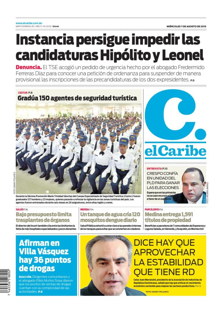 Portada Periódico El Caribe, Miércoles 07 de Agosto, 2019