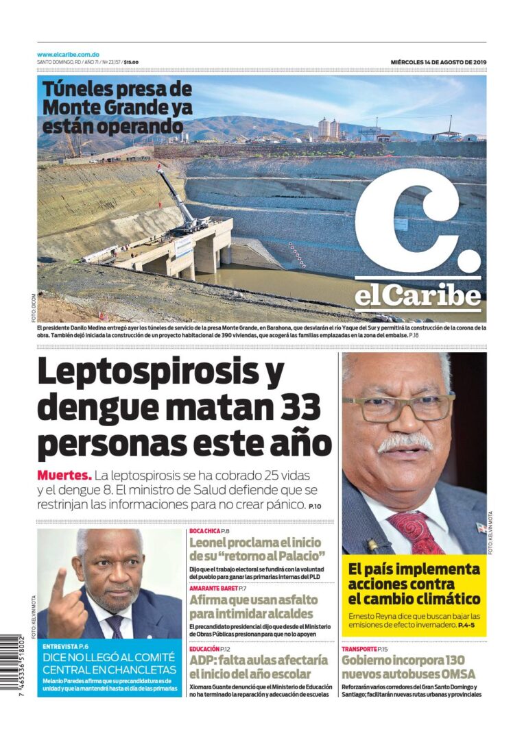 Portada Periódico El Caribe, Miércoles 14 de Agosto, 2019
