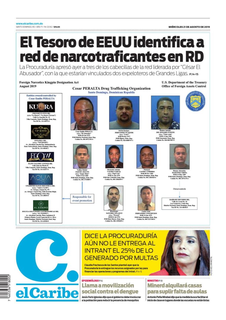 Portada Periódico El Caribe, Miércoles 21 de Agosto, 2019