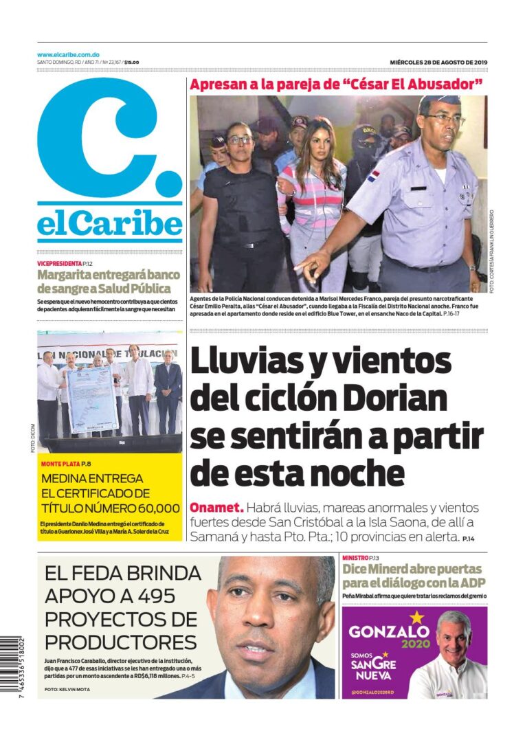 Portada Periódico El Caribe, Miércoles 28 de Agosto, 2019