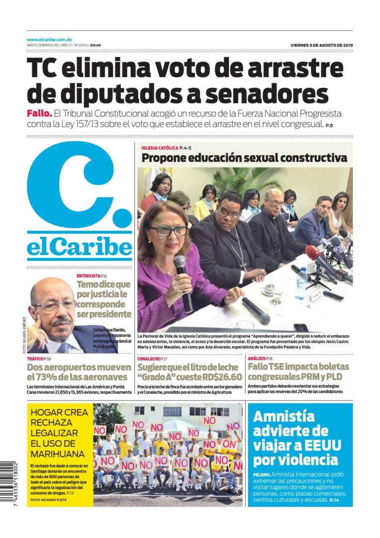 Portada Periódico El Caribe, Viernes 09 de Agosto, 2019