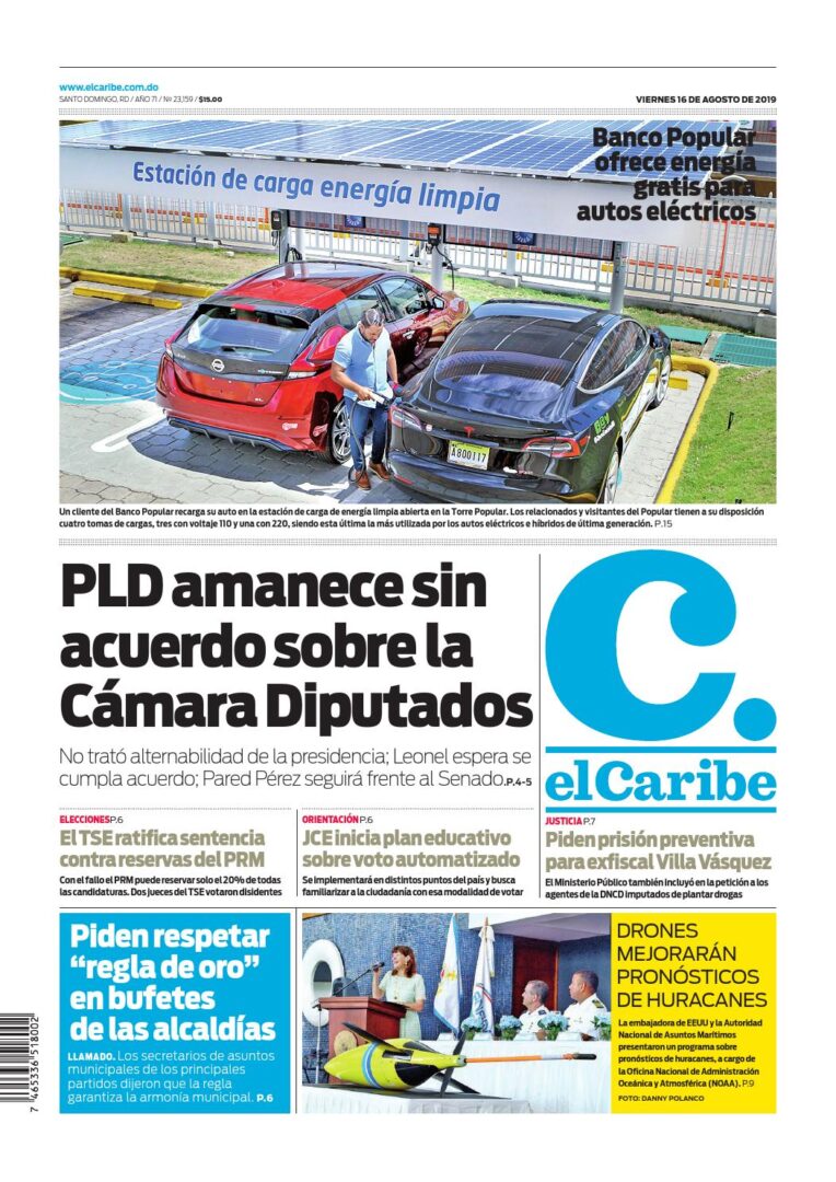 Portada Periódico El Caribe, Viernes 16 de Agosto, 2019