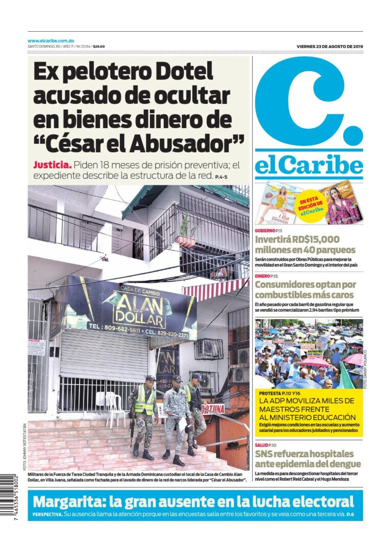 Portada Periódico El Caribe, Viernes 23 de Agosto, 2019