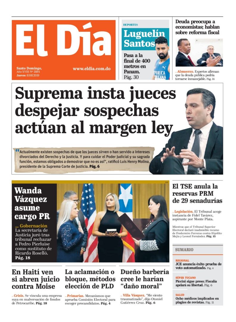 Portada Periódico El Día, Jueves 08 de Agosto, 2019