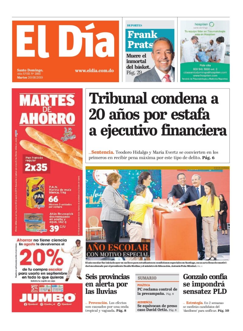 Portada Periódico El Día, Martes 20 de Agosto, 2019