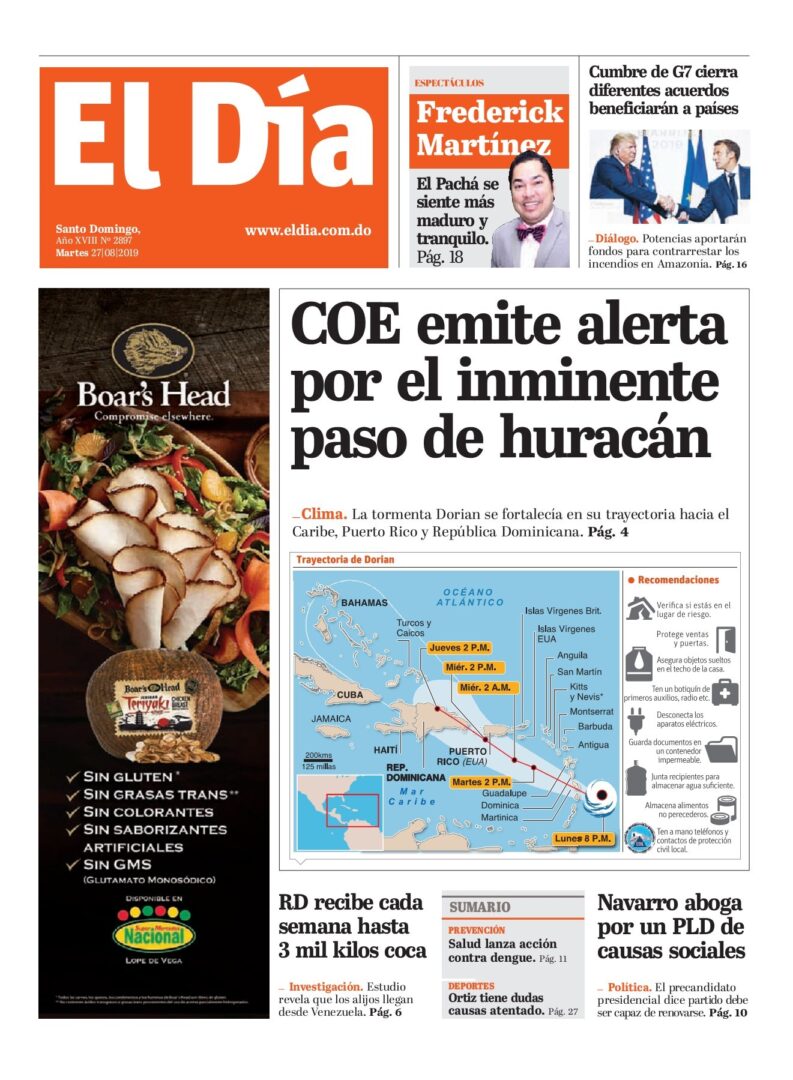 Portada Periódico El Día, Martes 27 de Agosto, 2019